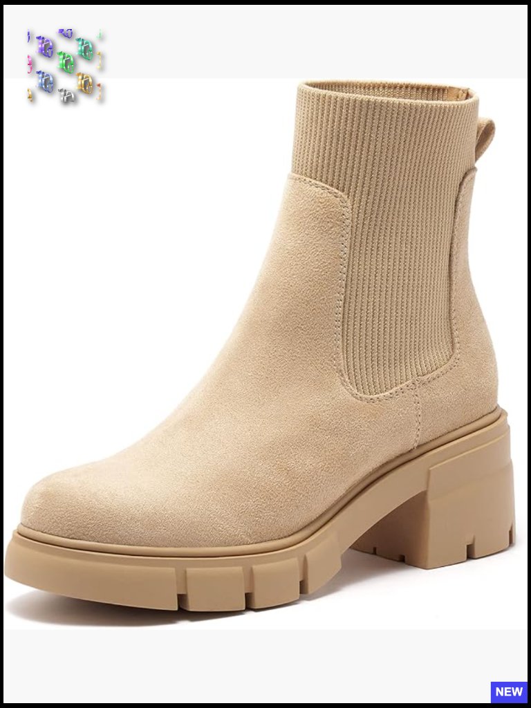 Chunky Block Heel Platform Lug Sole Ankle Booties Elastic Chelsea Boots
